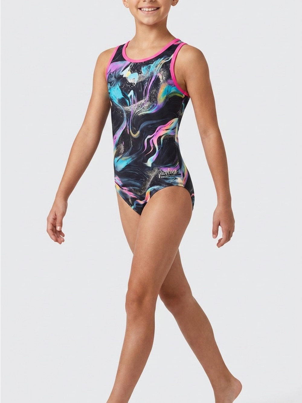 Justice Dance Gym Leotard Girls M 10 Black Neon Marble Gymnastics Dance